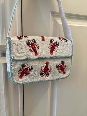 🦞❤️ THE VIRAL ❤️🦞 Beaded Shoulder Bag with Red Lobster Motif in White and Aqua